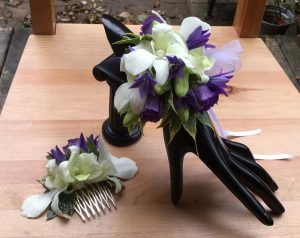 White and purple dendrobium orchid wrist corsage and hair slide