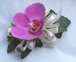 Pink Phalaenopsis and ivy wrist corsage
